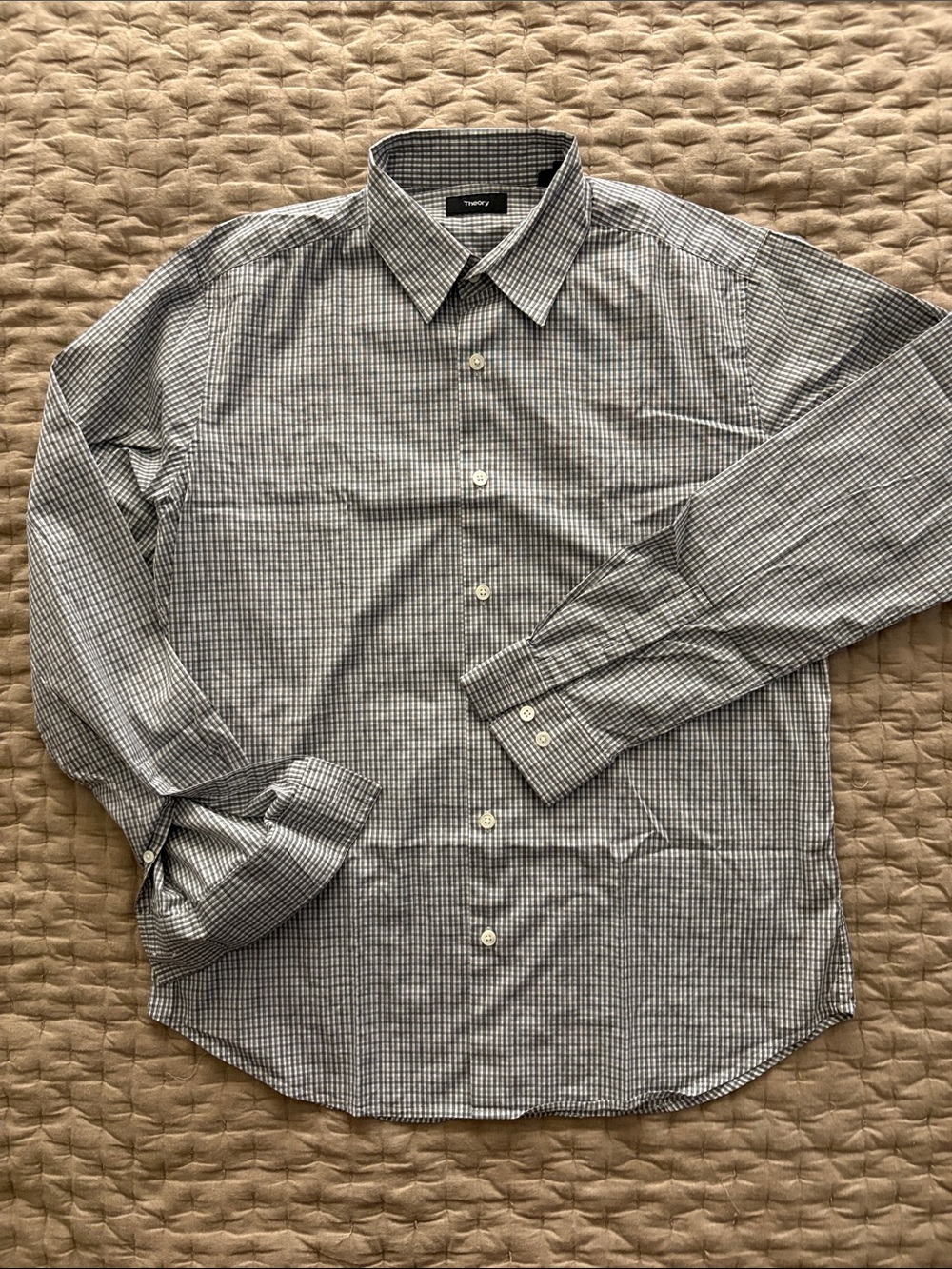 Theory Men's Black, Grey, and White Check Dress Shirt